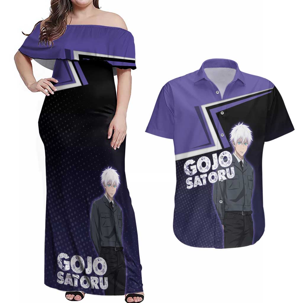 Gojo Satoru Couples Matching Off Shoulder Maxi Dress and Hawaiian Shirt Bold Anime Poster Style