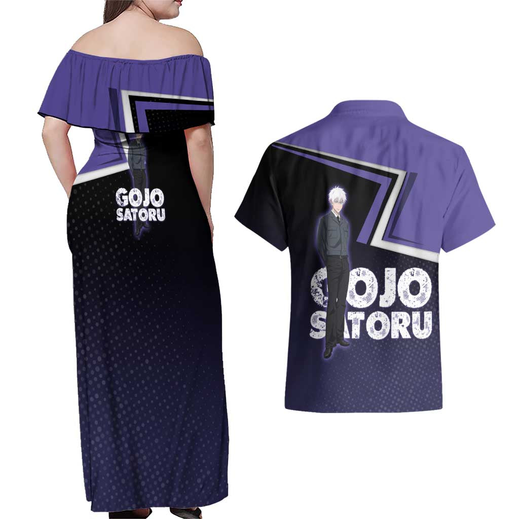 Gojo Satoru Couples Matching Off Shoulder Maxi Dress and Hawaiian Shirt Bold Anime Poster Style