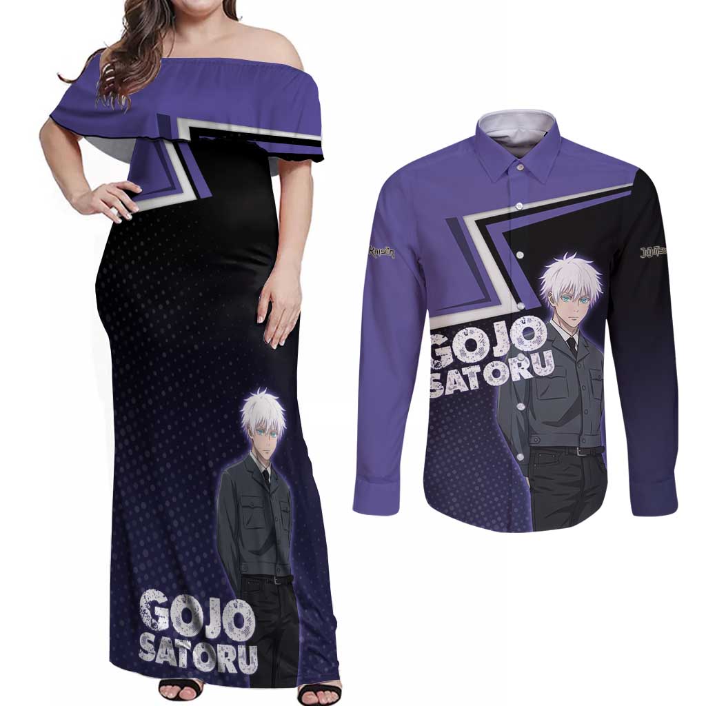 Gojo Satoru Couples Matching Off Shoulder Maxi Dress and Long Sleeve Button Shirt Bold Anime Poster Style