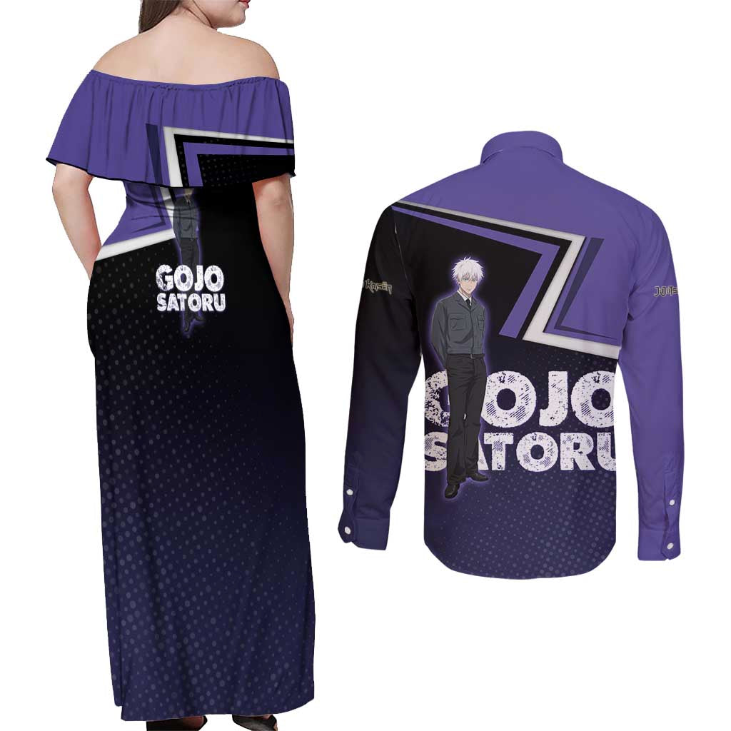 Gojo Satoru Couples Matching Off Shoulder Maxi Dress and Long Sleeve Button Shirt Bold Anime Poster Style