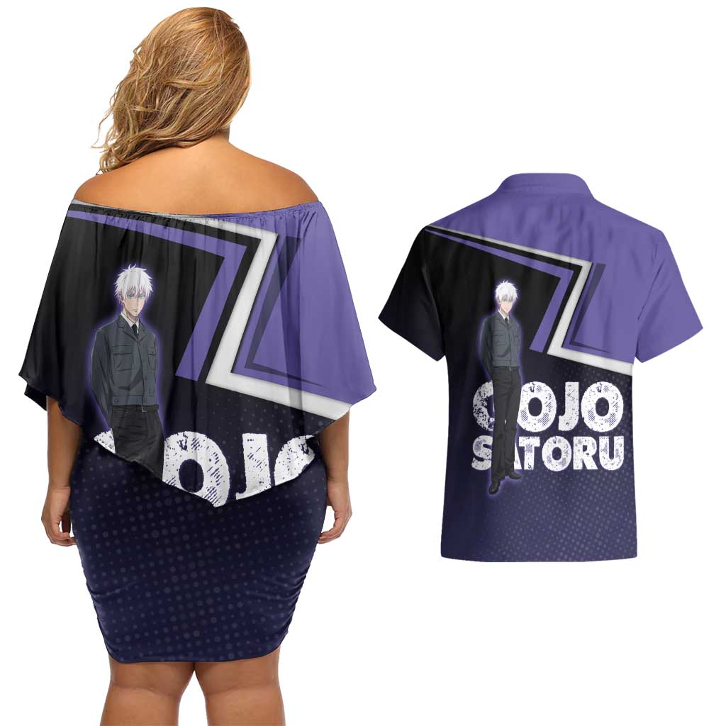 Gojo Satoru Couples Matching Off Shoulder Short Dress and Hawaiian Shirt Bold Anime Poster Style