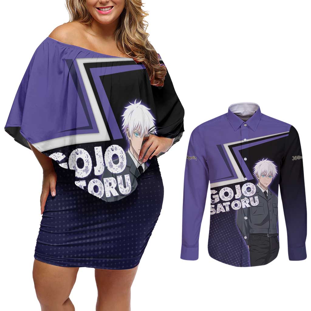Gojo Satoru Couples Matching Off Shoulder Short Dress and Long Sleeve Button Shirt Bold Anime Poster Style