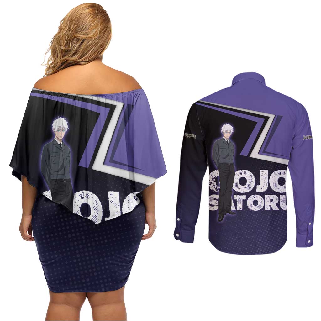 Gojo Satoru Couples Matching Off Shoulder Short Dress and Long Sleeve Button Shirt Bold Anime Poster Style