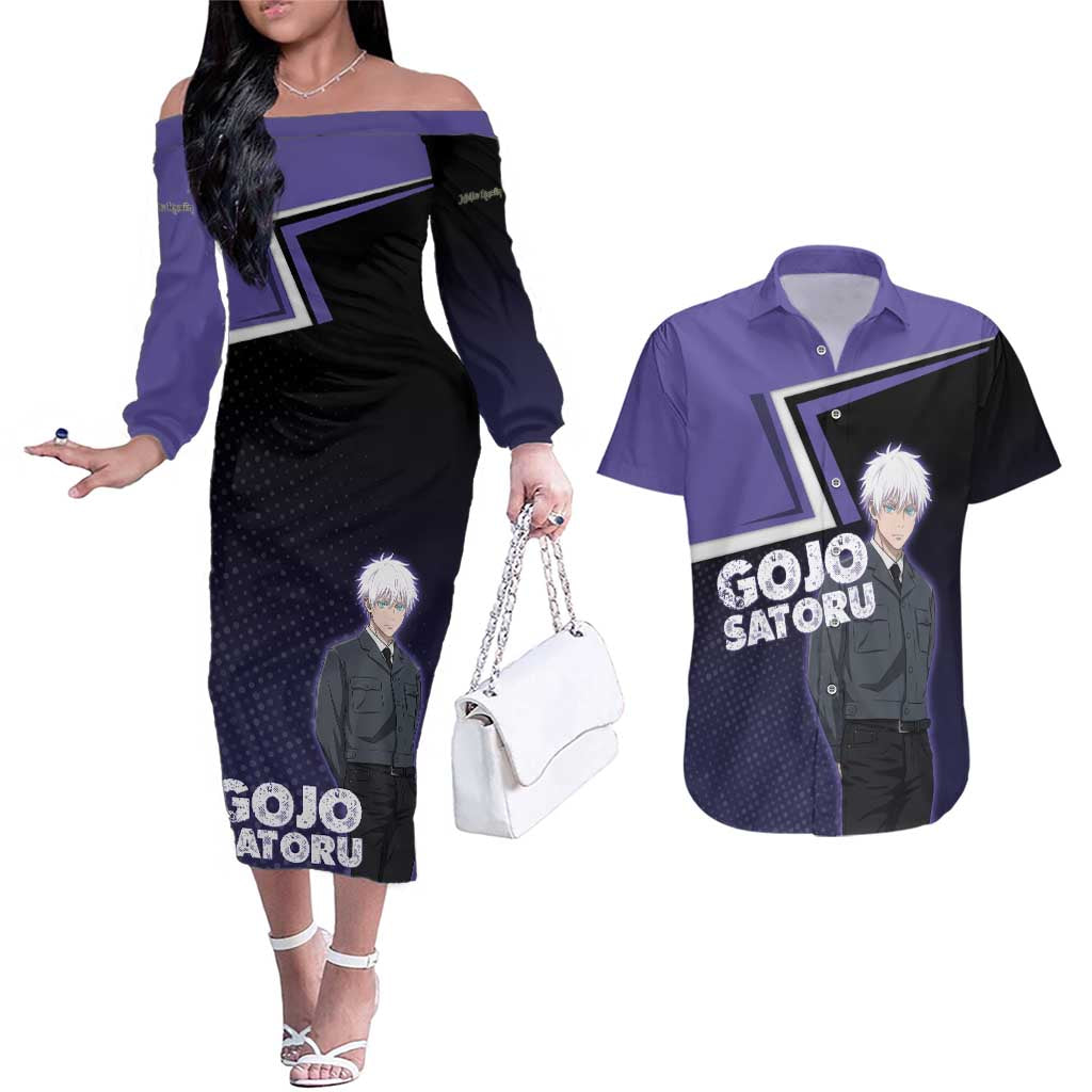 Gojo Satoru Couples Matching Off The Shoulder Long Sleeve Dress and Hawaiian Shirt Bold Anime Poster Style