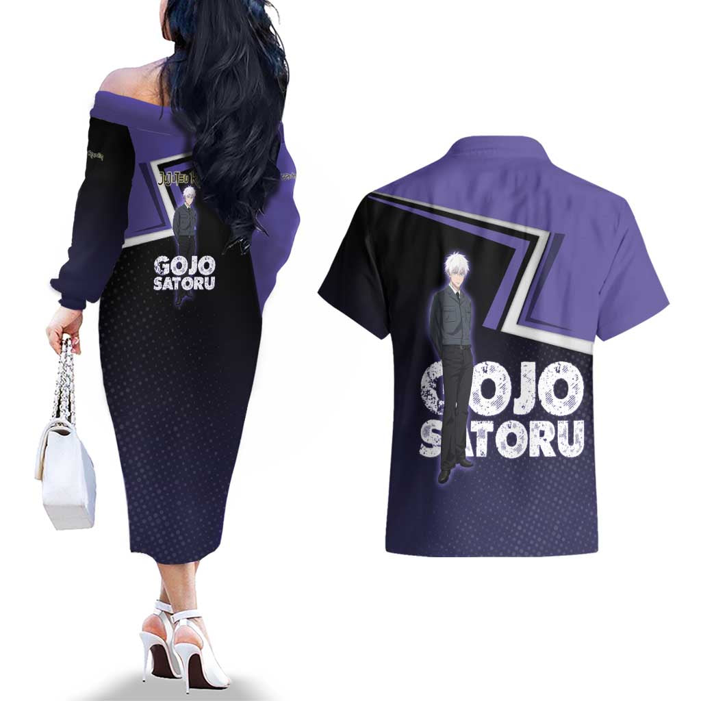 Gojo Satoru Couples Matching Off The Shoulder Long Sleeve Dress and Hawaiian Shirt Bold Anime Poster Style