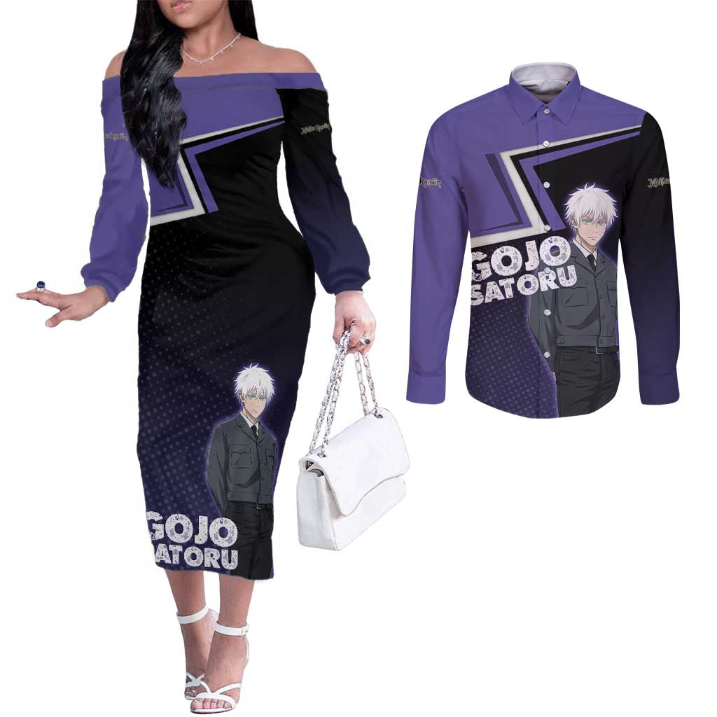 Gojo Satoru Couples Matching Off The Shoulder Long Sleeve Dress and Long Sleeve Button Shirt Bold Anime Poster Style