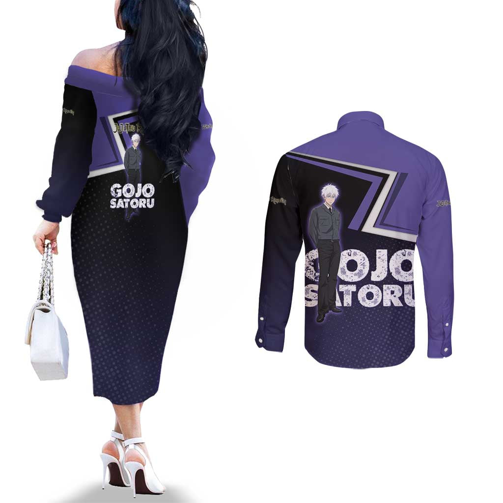 Gojo Satoru Couples Matching Off The Shoulder Long Sleeve Dress and Long Sleeve Button Shirt Bold Anime Poster Style