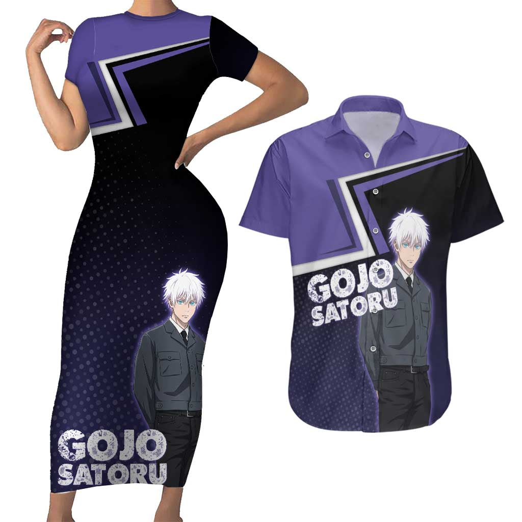 Gojo Satoru Couples Matching Short Sleeve Bodycon Dress and Hawaiian Shirt Bold Anime Poster Style