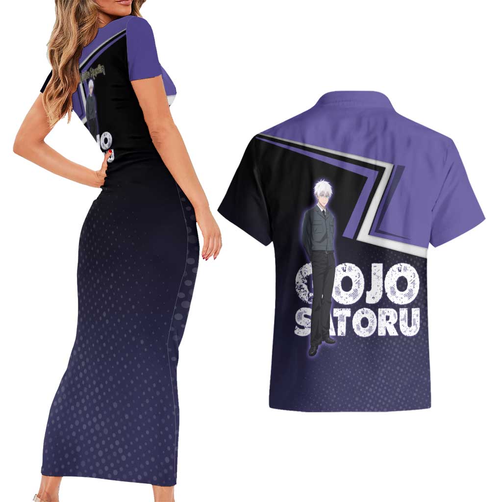 Gojo Satoru Couples Matching Short Sleeve Bodycon Dress and Hawaiian Shirt Bold Anime Poster Style