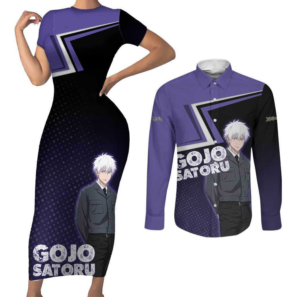 Gojo Satoru Couples Matching Short Sleeve Bodycon Dress and Long Sleeve Button Shirt Bold Anime Poster Style