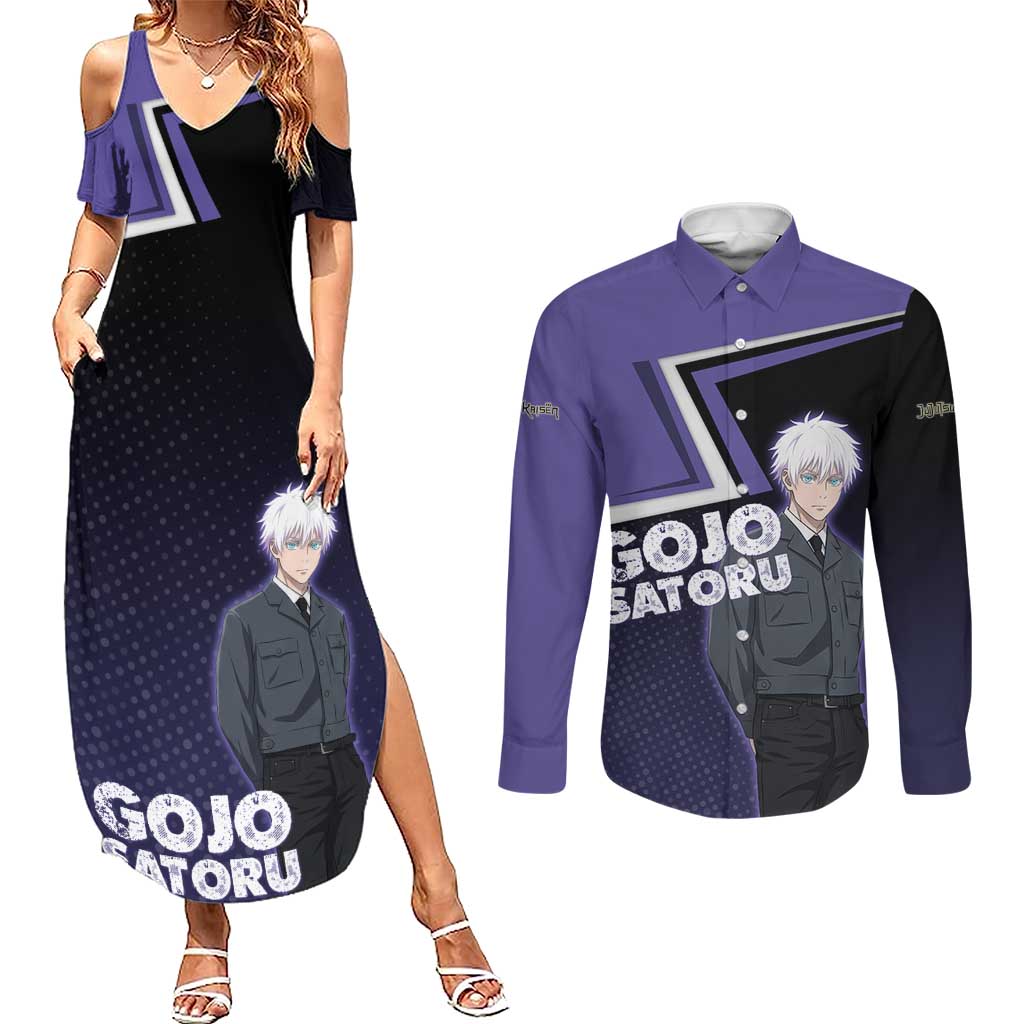 Gojo Satoru Couples Matching Summer Maxi Dress and Long Sleeve Button Shirt Bold Anime Poster Style