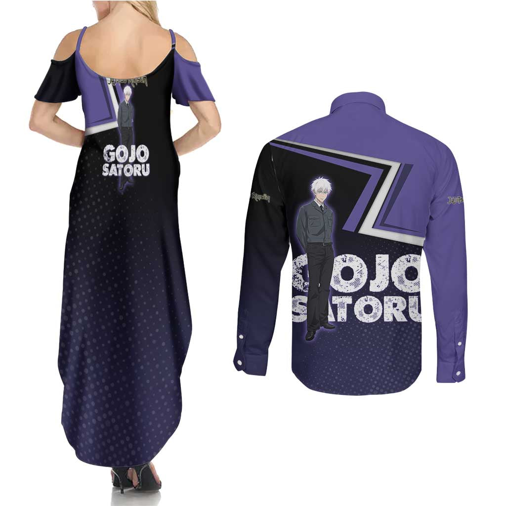 Gojo Satoru Couples Matching Summer Maxi Dress and Long Sleeve Button Shirt Bold Anime Poster Style