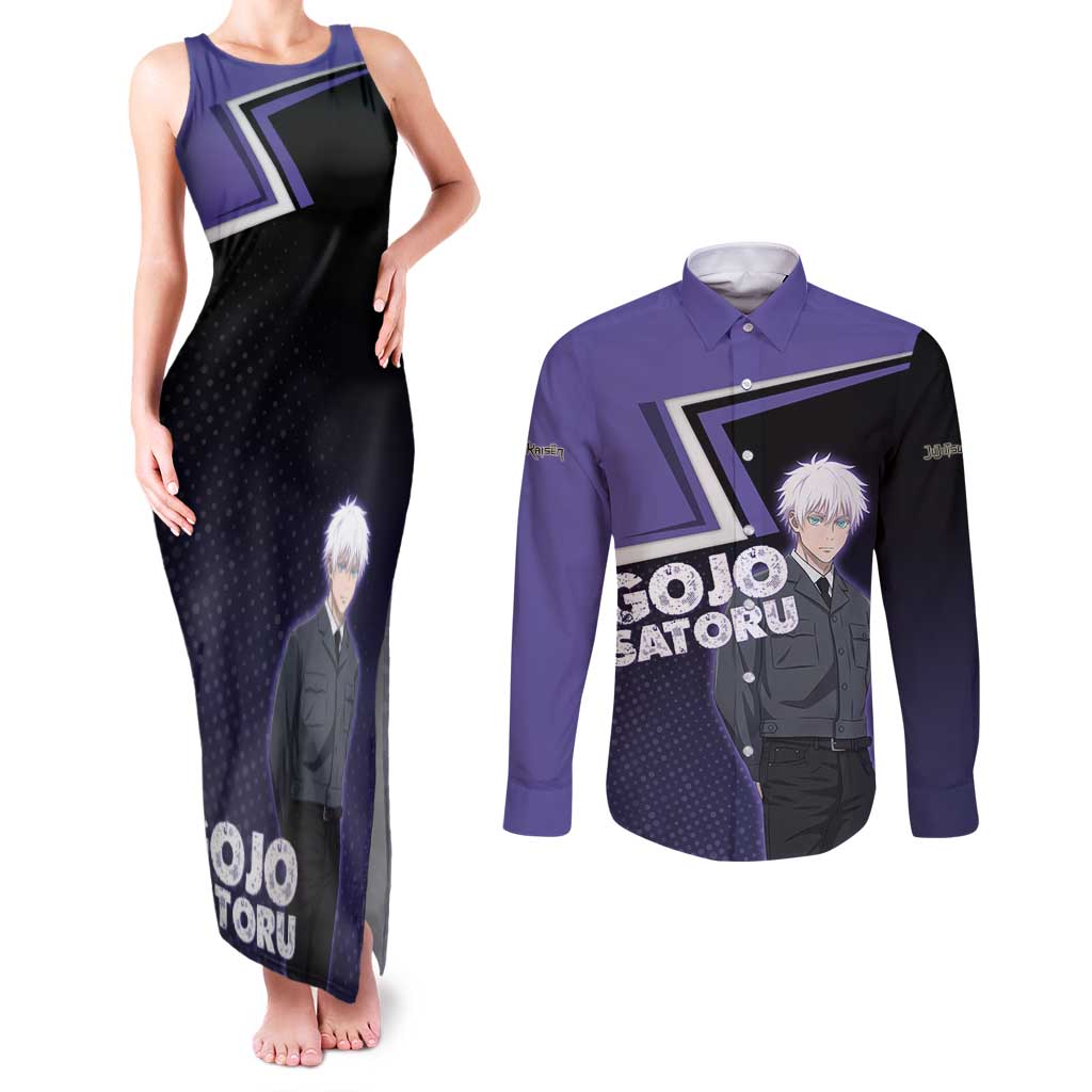 Gojo Satoru Couples Matching Tank Maxi Dress and Long Sleeve Button Shirt Bold Anime Poster Style