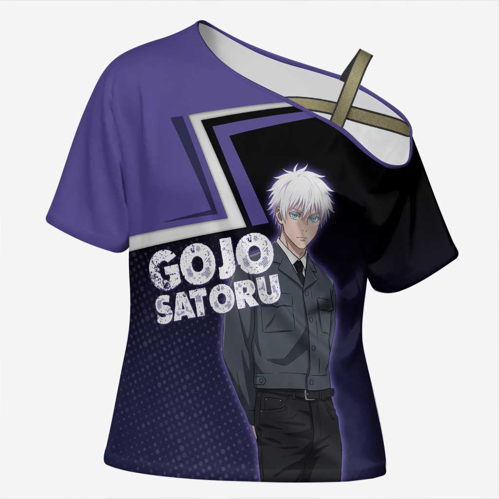 Gojo Satoru Cross Shoulder Shirt Bold Anime Poster Style
