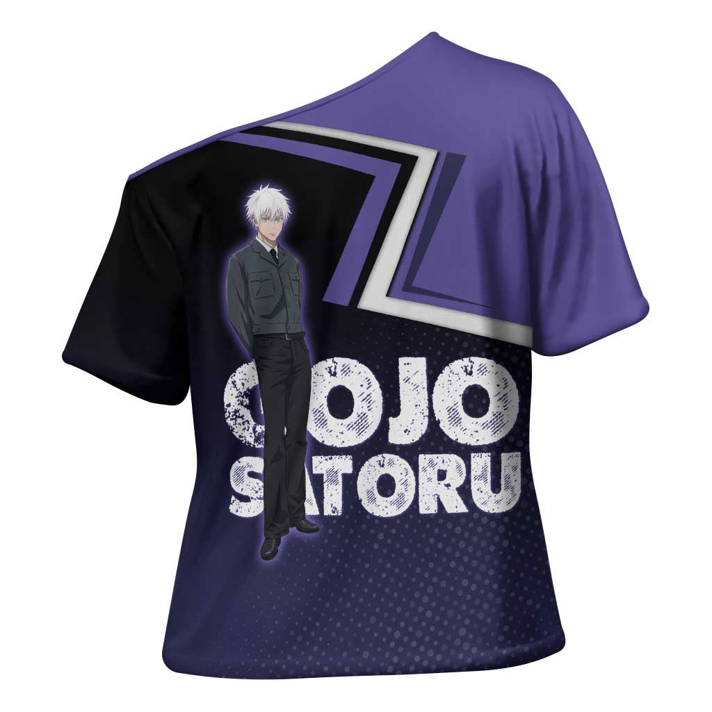 Gojo Satoru Cross Shoulder Shirt Bold Anime Poster Style