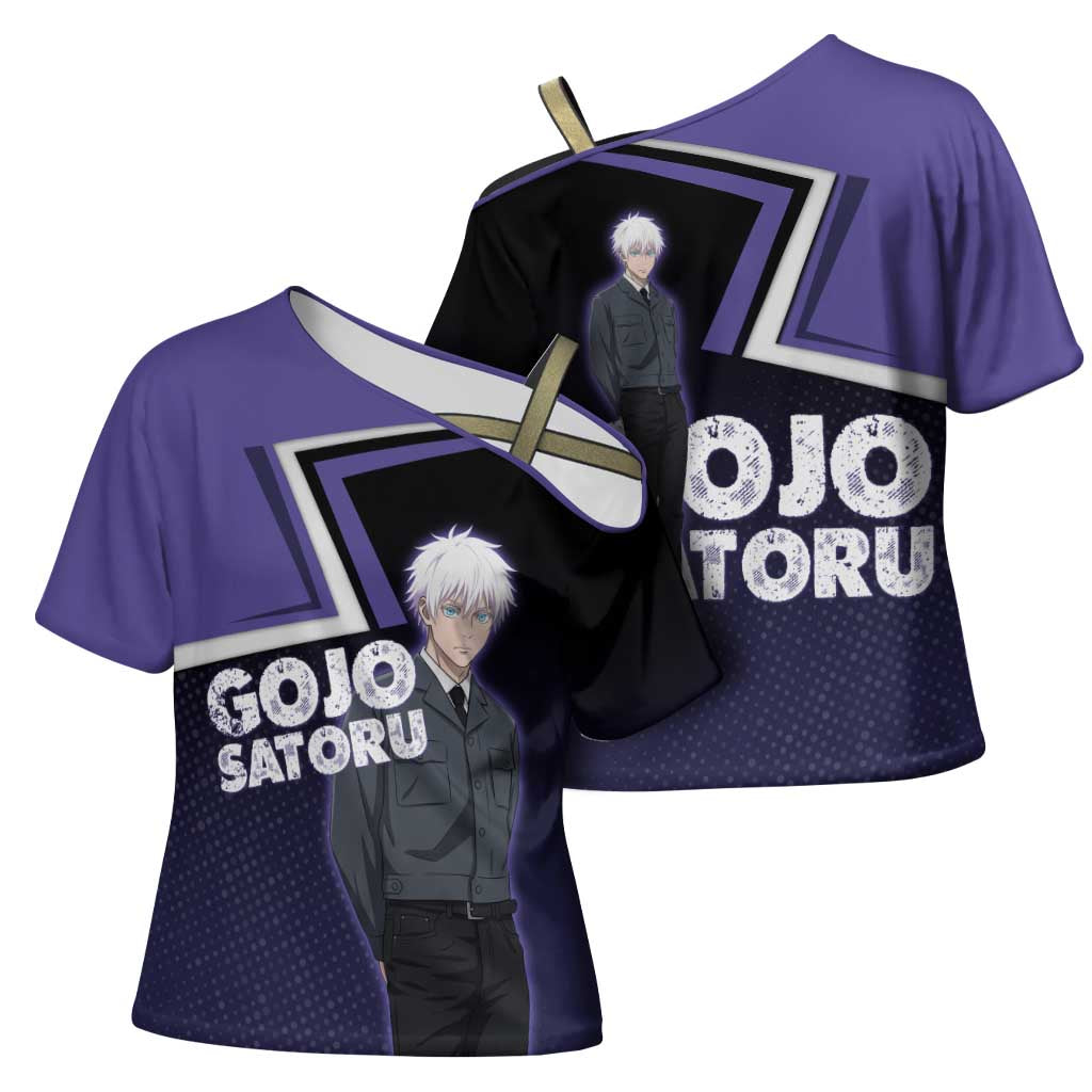 Gojo Satoru Cross Shoulder Shirt Bold Anime Poster Style