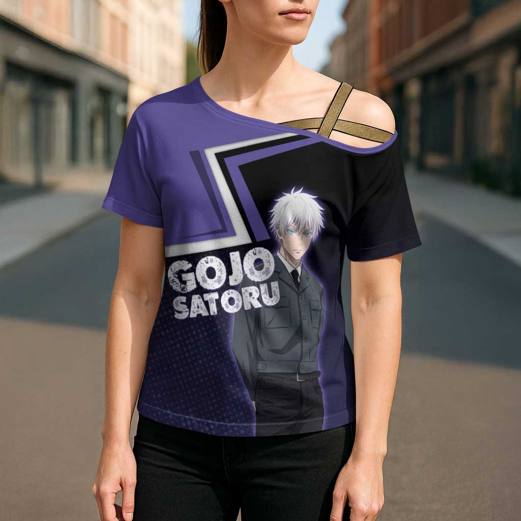 Gojo Satoru Cross Shoulder Shirt Bold Anime Poster Style