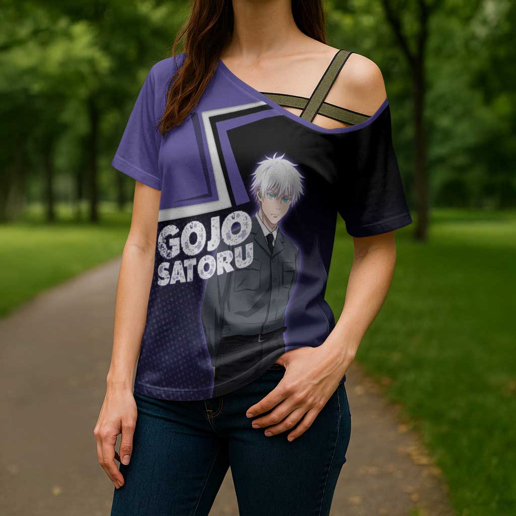 Gojo Satoru Cross Shoulder Shirt Bold Anime Poster Style