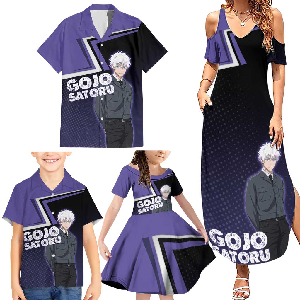 Gojo Satoru Family Matching Summer Maxi Dress and Hawaiian Shirt Bold Anime Poster Style
