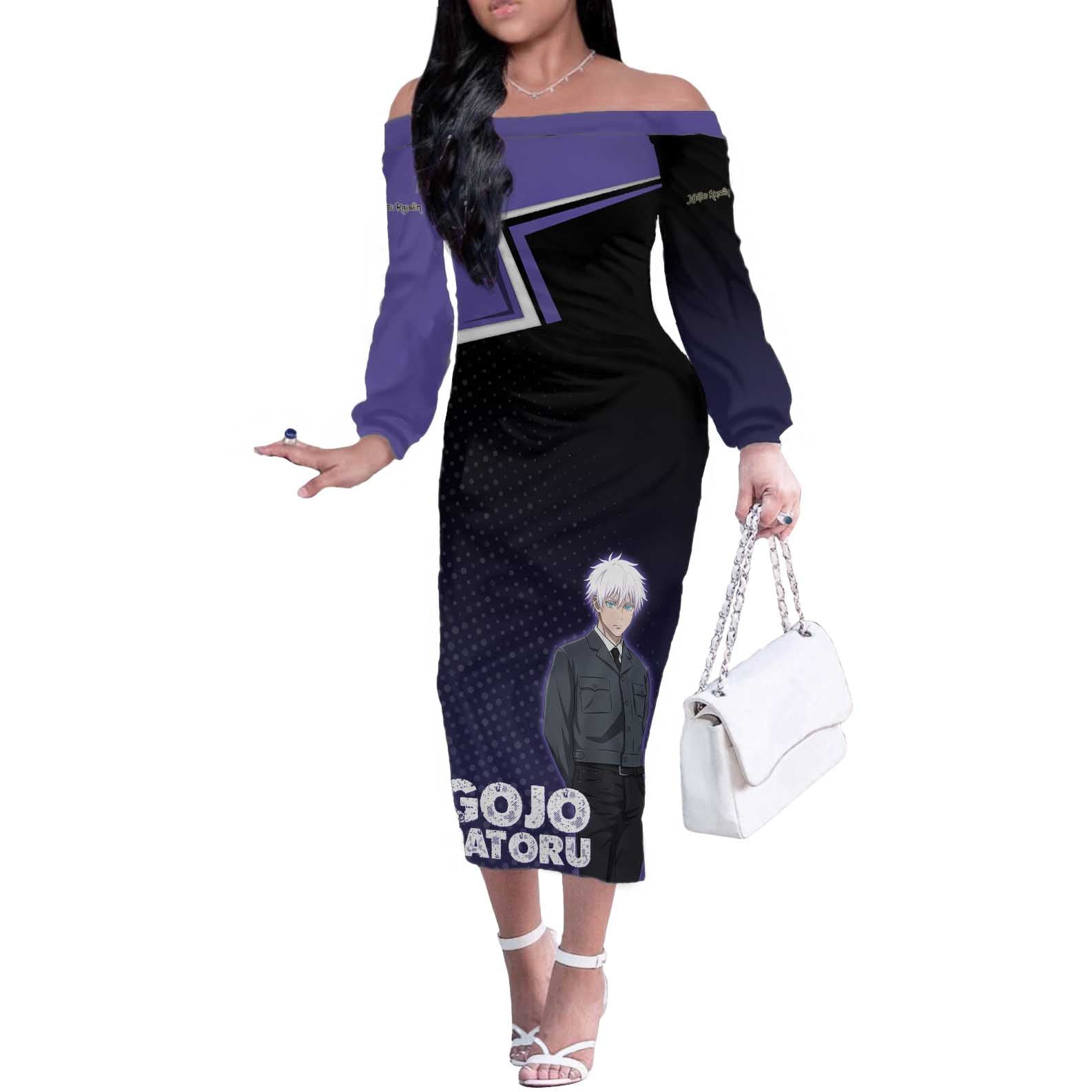 Gojo Satoru Off The Shoulder Long Sleeve Dress Bold Anime Poster Style
