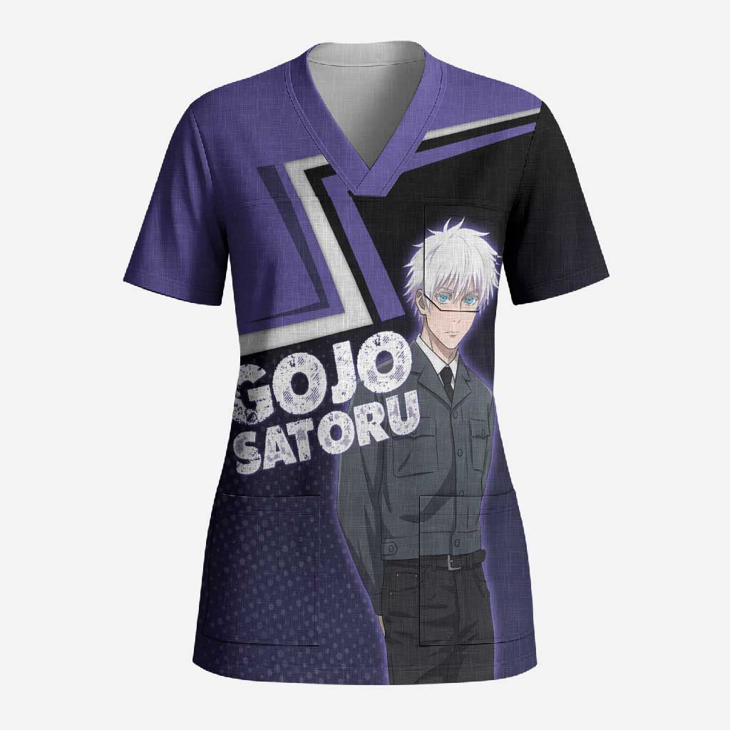 Gojo Satoru Scrub Top Bold Anime Poster Style
