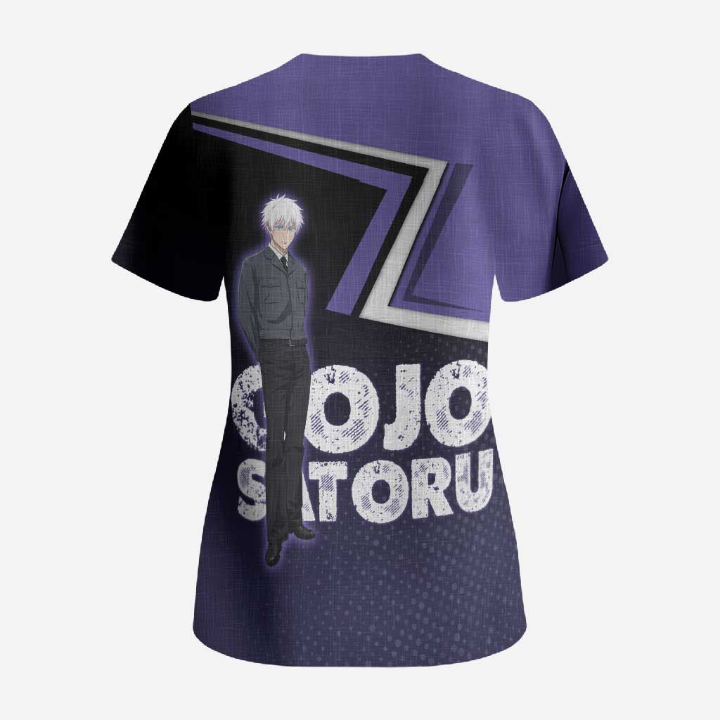 Gojo Satoru Scrub Top Bold Anime Poster Style