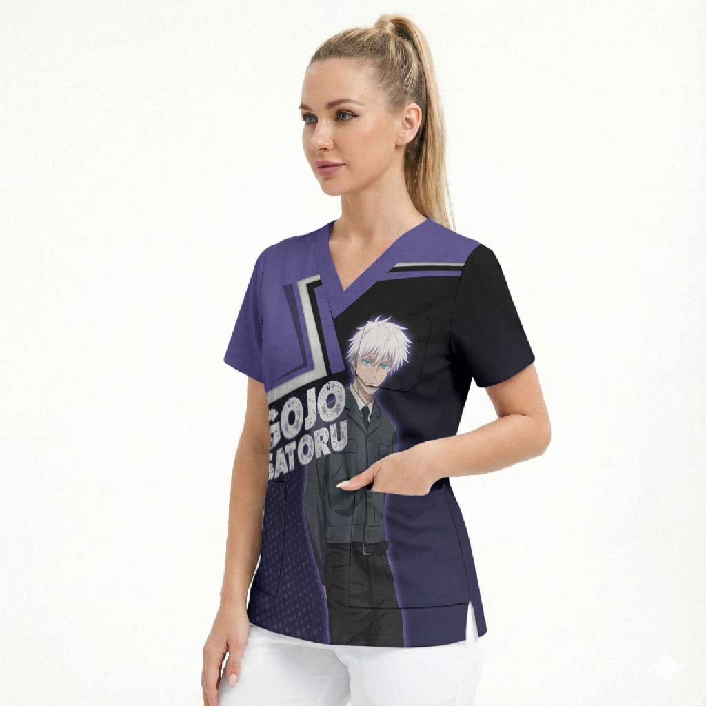 Gojo Satoru Scrub Top Bold Anime Poster Style