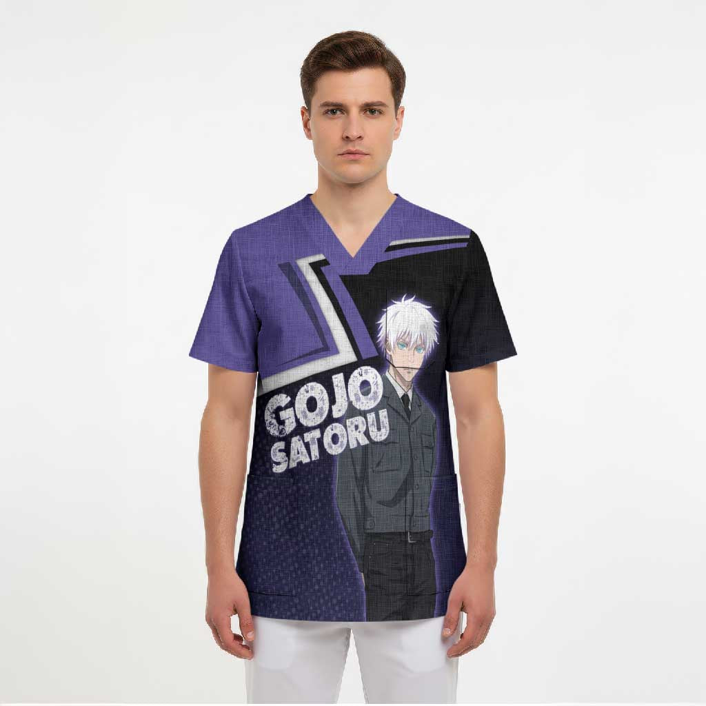 Gojo Satoru Scrub Top Bold Anime Poster Style
