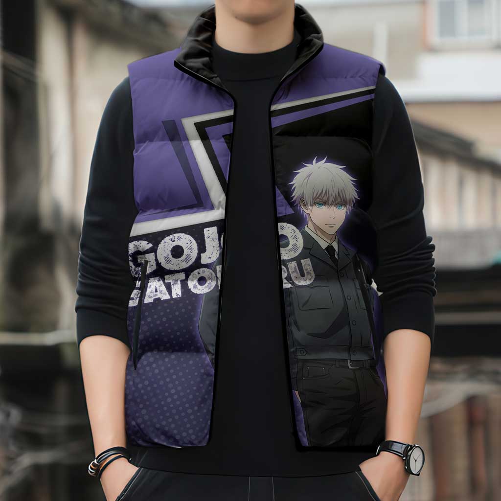 Gojo Satoru Sleeveless Puffer Jacket Bold Anime Poster Style