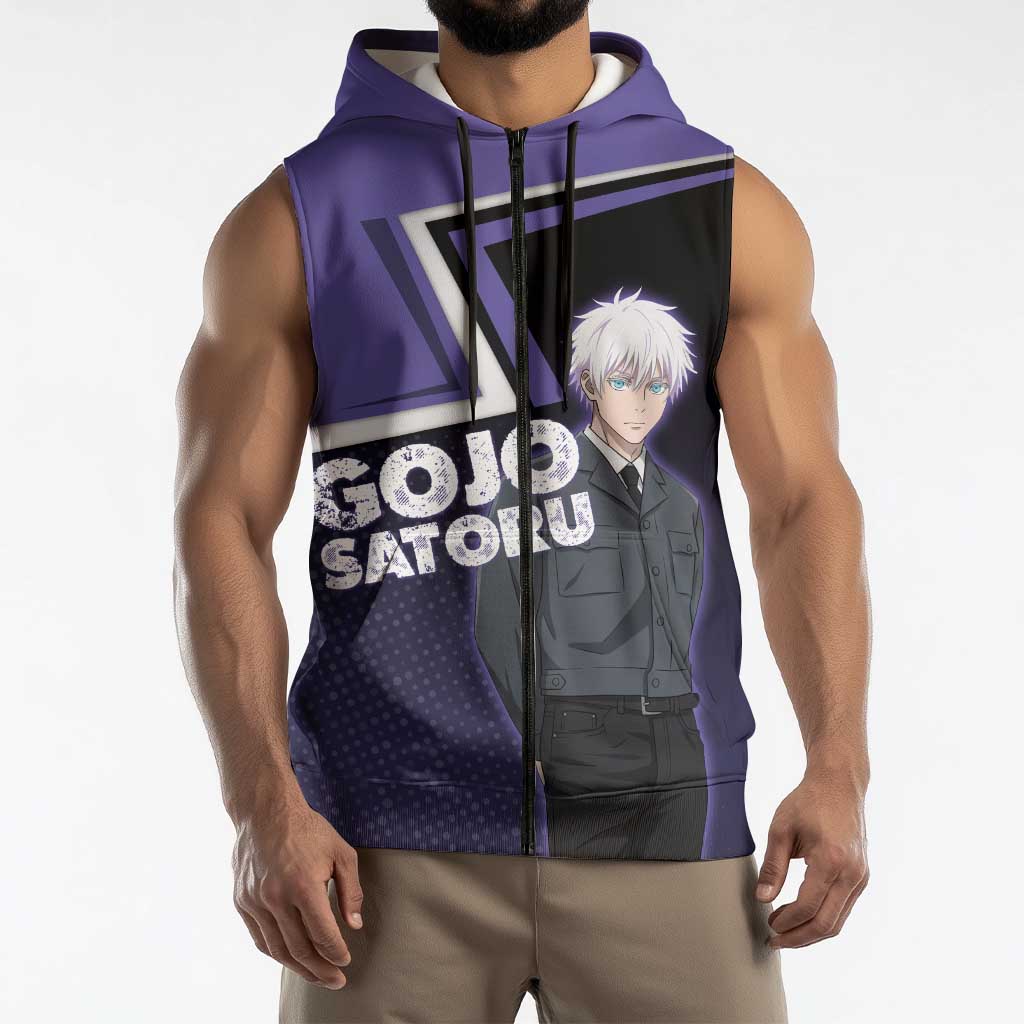 Gojo Satoru Sleeveless Zip Hoodie Bold Anime Poster Style