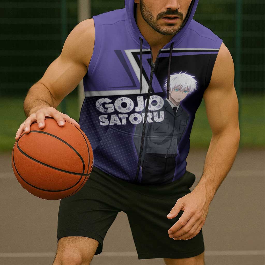 Gojo Satoru Sleeveless Zip Hoodie Bold Anime Poster Style