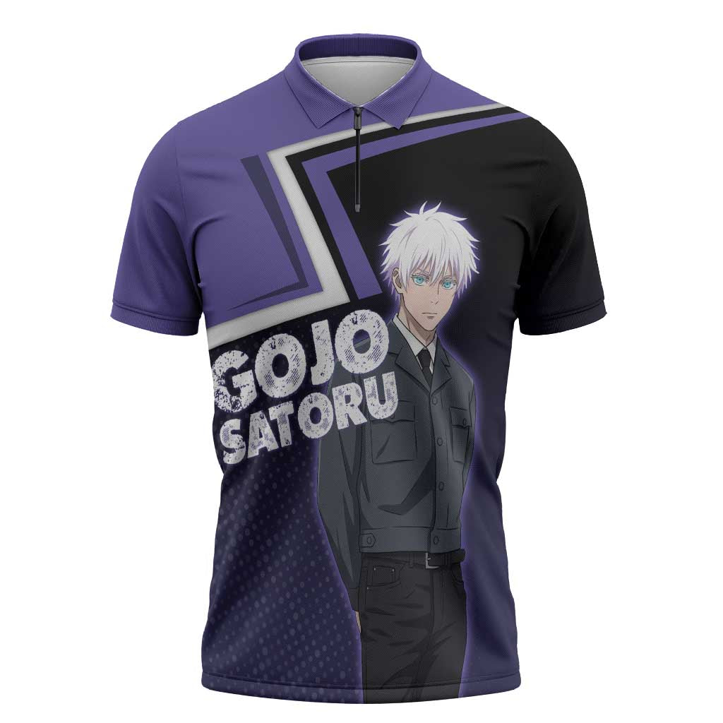 Gojo Satoru Zipper Polo Shirt Bold Anime Poster Style