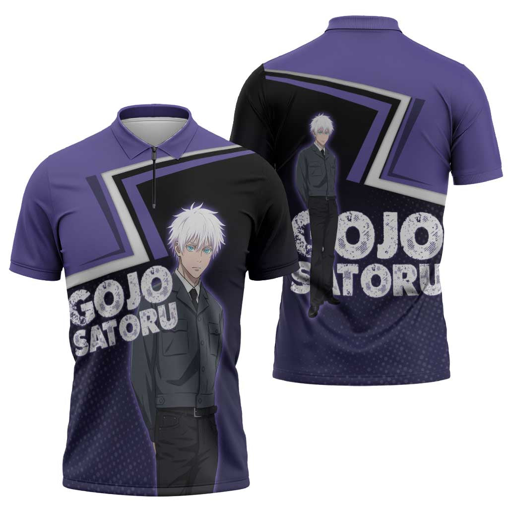 Gojo Satoru Zipper Polo Shirt Bold Anime Poster Style