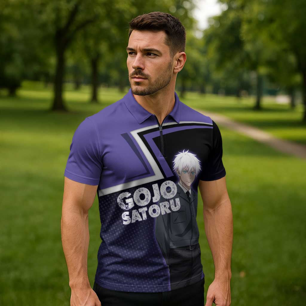 Gojo Satoru Zipper Polo Shirt Bold Anime Poster Style