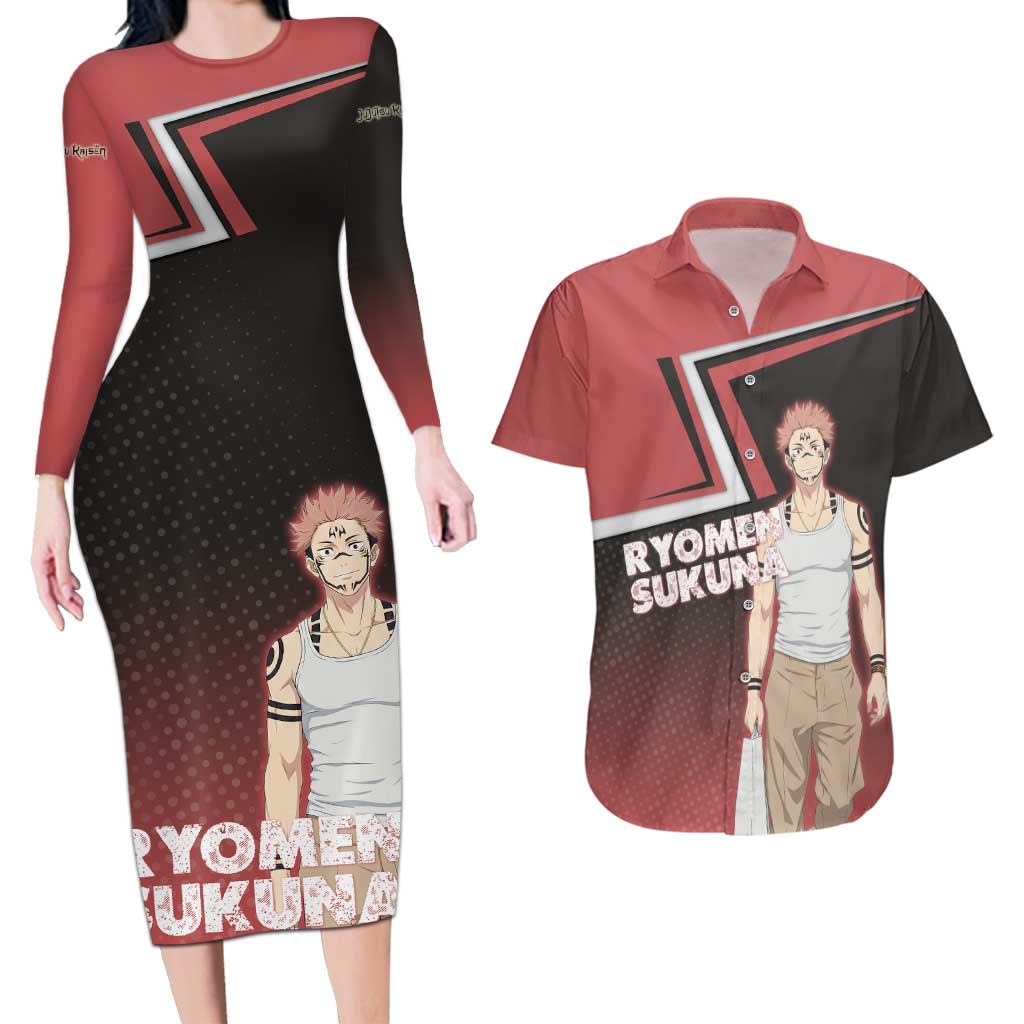 Ryomen Sukuna Couples Matching Long Sleeve Bodycon Dress and Hawaiian Shirt Grunge Anime Poster Style