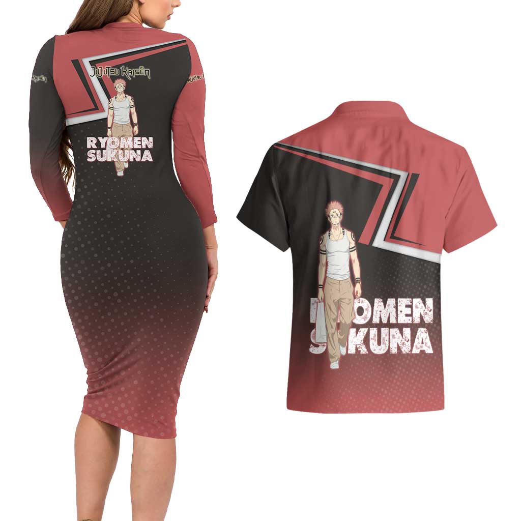 Ryomen Sukuna Couples Matching Long Sleeve Bodycon Dress and Hawaiian Shirt Grunge Anime Poster Style