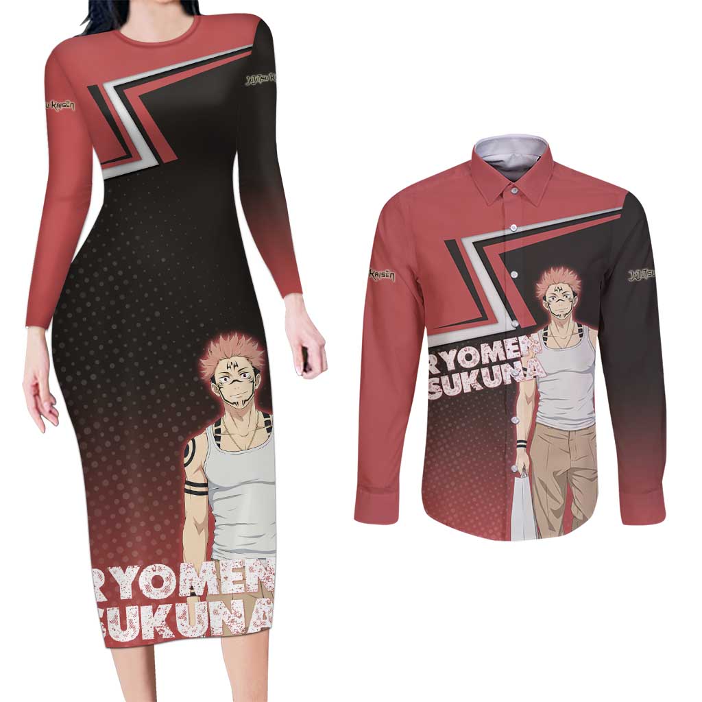 Ryomen Sukuna Couples Matching Long Sleeve Bodycon Dress and Long Sleeve Button Shirt Grunge Anime Poster Style
