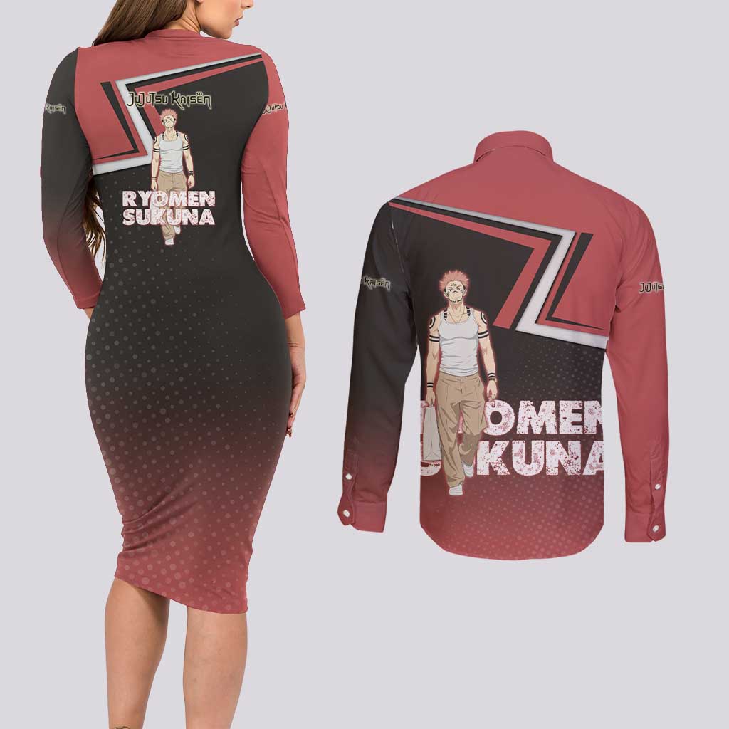 Ryomen Sukuna Couples Matching Long Sleeve Bodycon Dress and Long Sleeve Button Shirt Grunge Anime Poster Style
