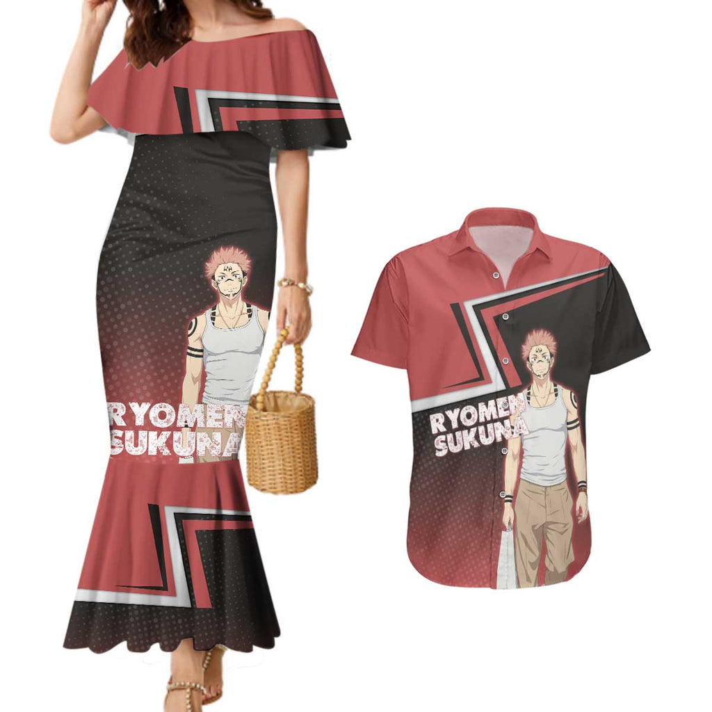 Ryomen Sukuna Couples Matching Mermaid Dress and Hawaiian Shirt Grunge Anime Poster Style