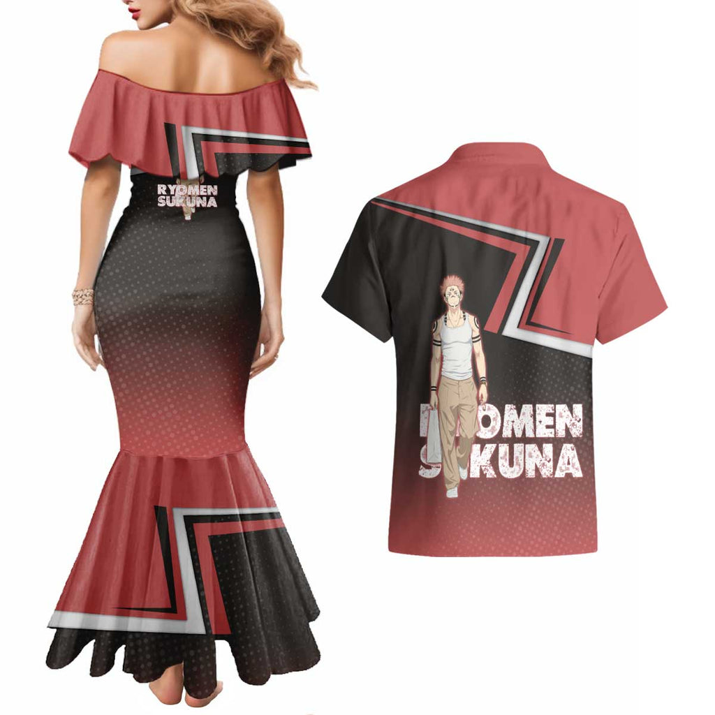 Ryomen Sukuna Couples Matching Mermaid Dress and Hawaiian Shirt Grunge Anime Poster Style