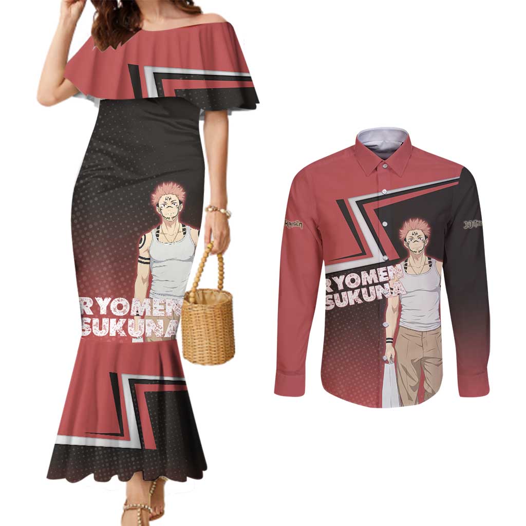 Ryomen Sukuna Couples Matching Mermaid Dress and Long Sleeve Button Shirt Grunge Anime Poster Style