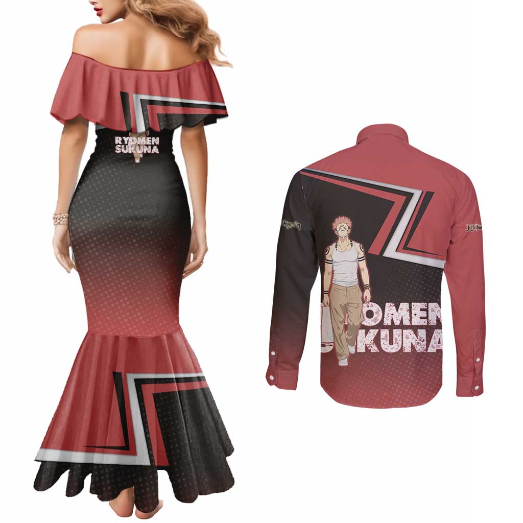 Ryomen Sukuna Couples Matching Mermaid Dress and Long Sleeve Button Shirt Grunge Anime Poster Style