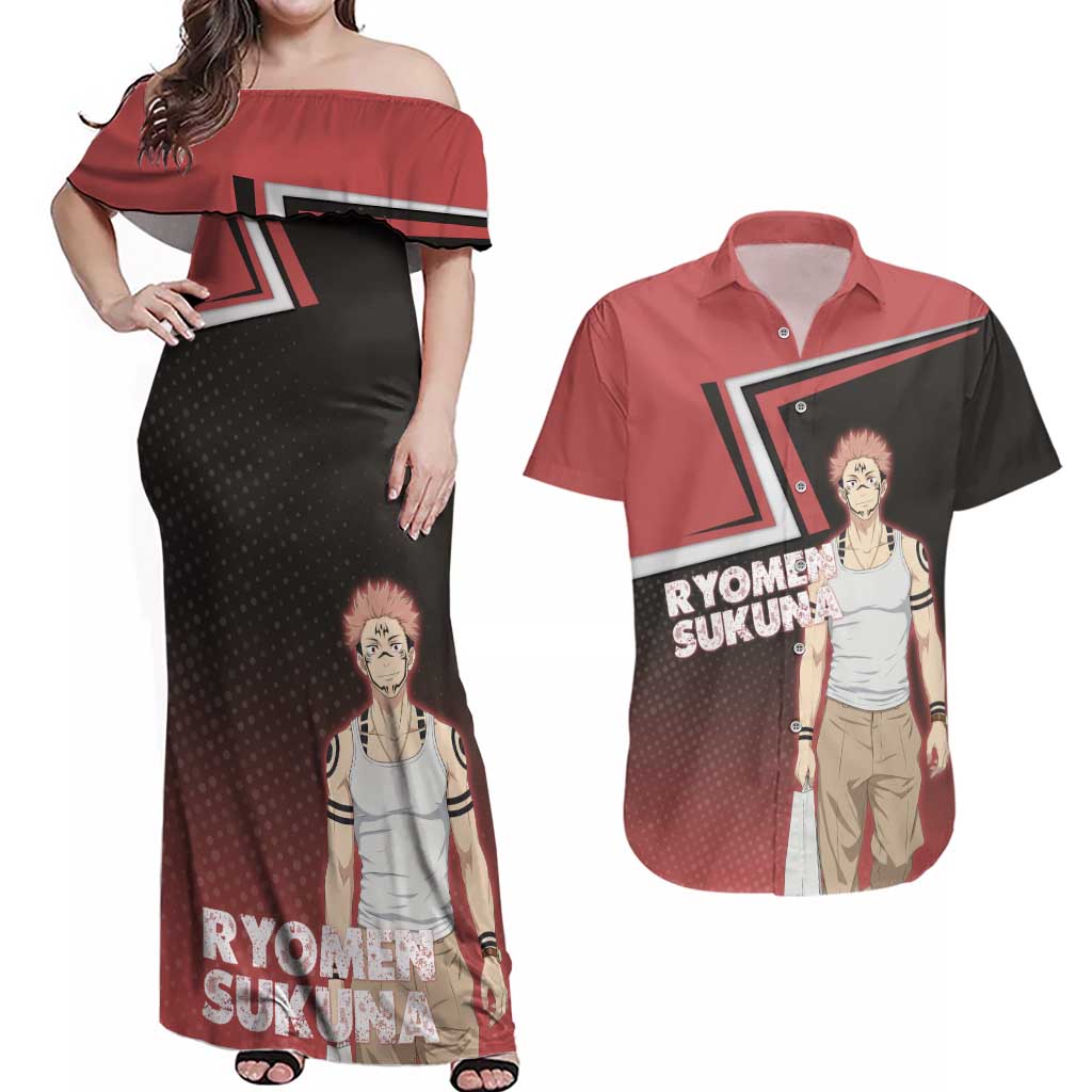 Ryomen Sukuna Couples Matching Off Shoulder Maxi Dress and Hawaiian Shirt Grunge Anime Poster Style