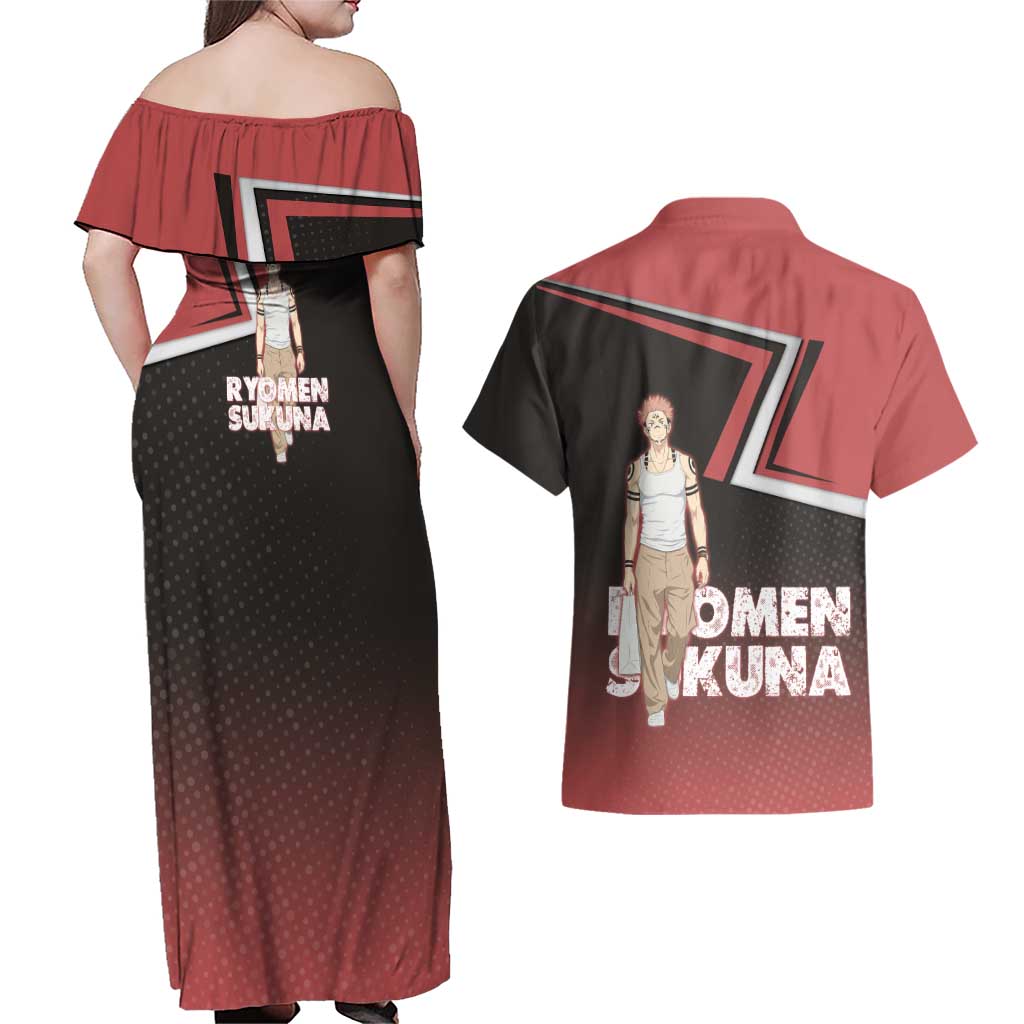 Ryomen Sukuna Couples Matching Off Shoulder Maxi Dress and Hawaiian Shirt Grunge Anime Poster Style