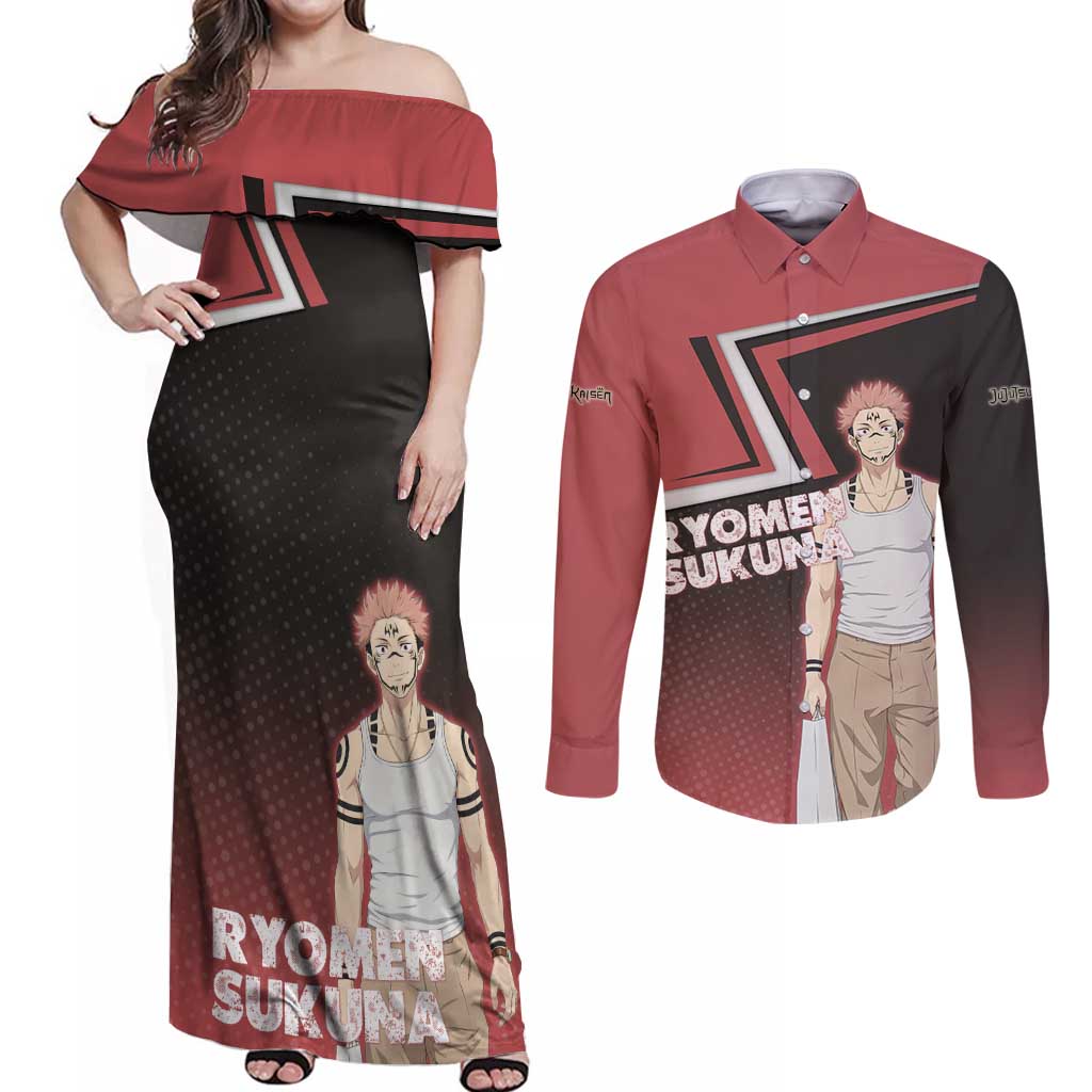 Ryomen Sukuna Couples Matching Off Shoulder Maxi Dress and Long Sleeve Button Shirt Grunge Anime Poster Style