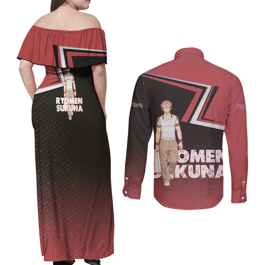 Ryomen Sukuna Couples Matching Off Shoulder Maxi Dress and Long Sleeve Button Shirt Grunge Anime Poster Style