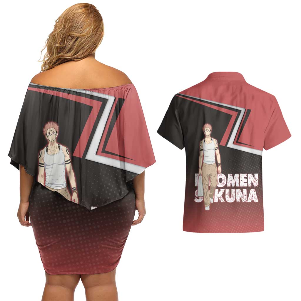 Ryomen Sukuna Couples Matching Off Shoulder Short Dress and Hawaiian Shirt Grunge Anime Poster Style