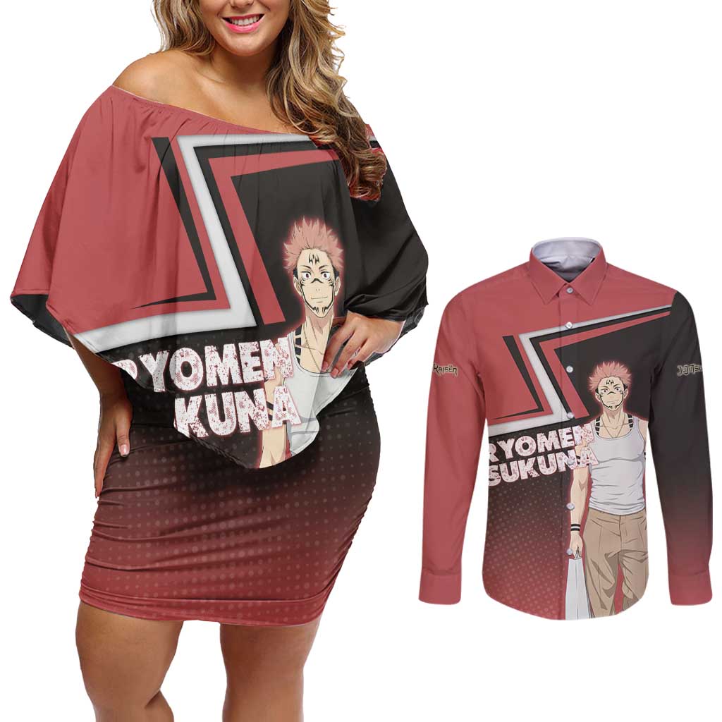 Ryomen Sukuna Couples Matching Off Shoulder Short Dress and Long Sleeve Button Shirt Grunge Anime Poster Style