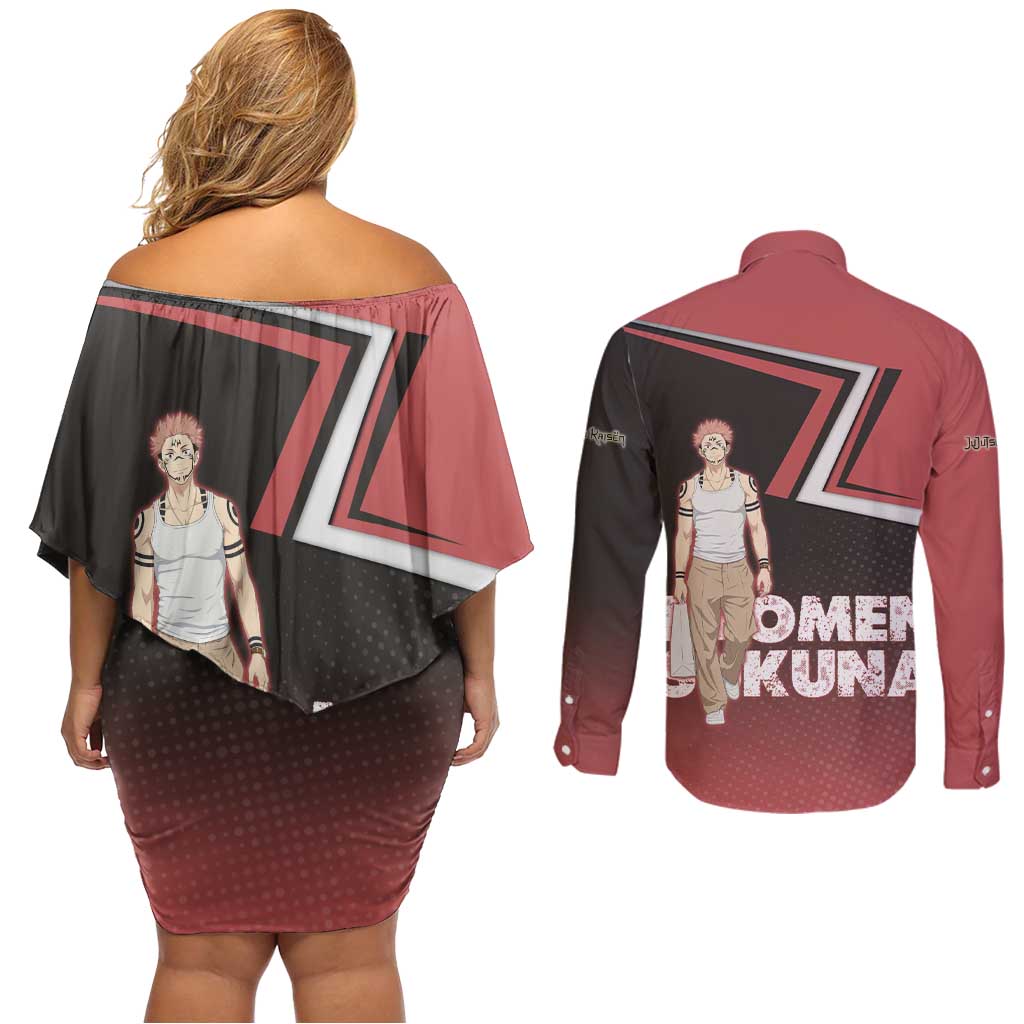 Ryomen Sukuna Couples Matching Off Shoulder Short Dress and Long Sleeve Button Shirt Grunge Anime Poster Style