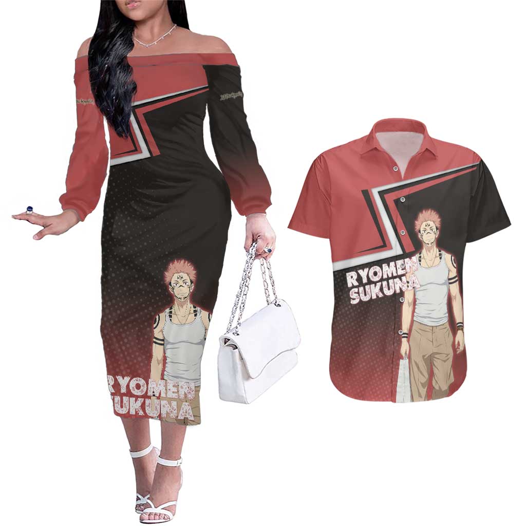 Ryomen Sukuna Couples Matching Off The Shoulder Long Sleeve Dress and Hawaiian Shirt Grunge Anime Poster Style